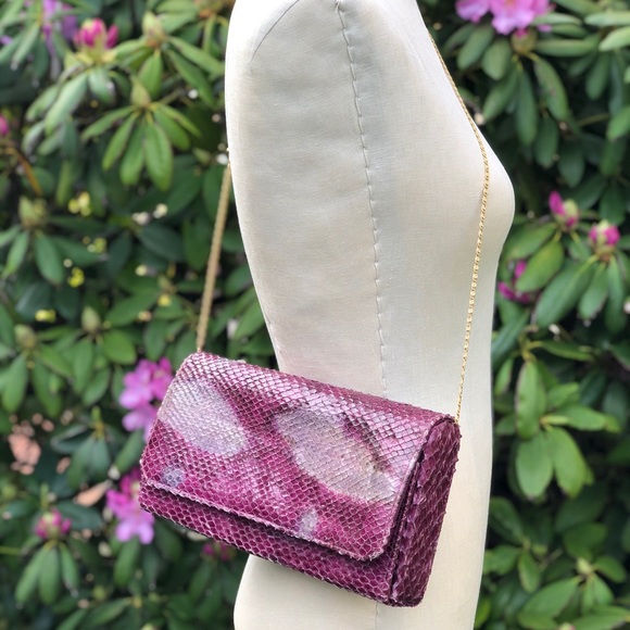 Vtg Purple Python Snakeskin Gold Chain Clutch Bag - Picture 4 of 17